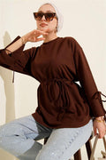 Two-String Tunic with Laced Sleeves, Brown