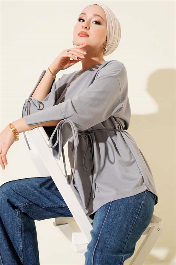 Two-String Tunic with Laced Sleeves, Slate Gray