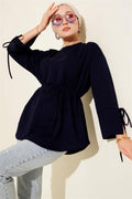 Double-Stringed Tunic with Laced Sleeves, Navy Blue