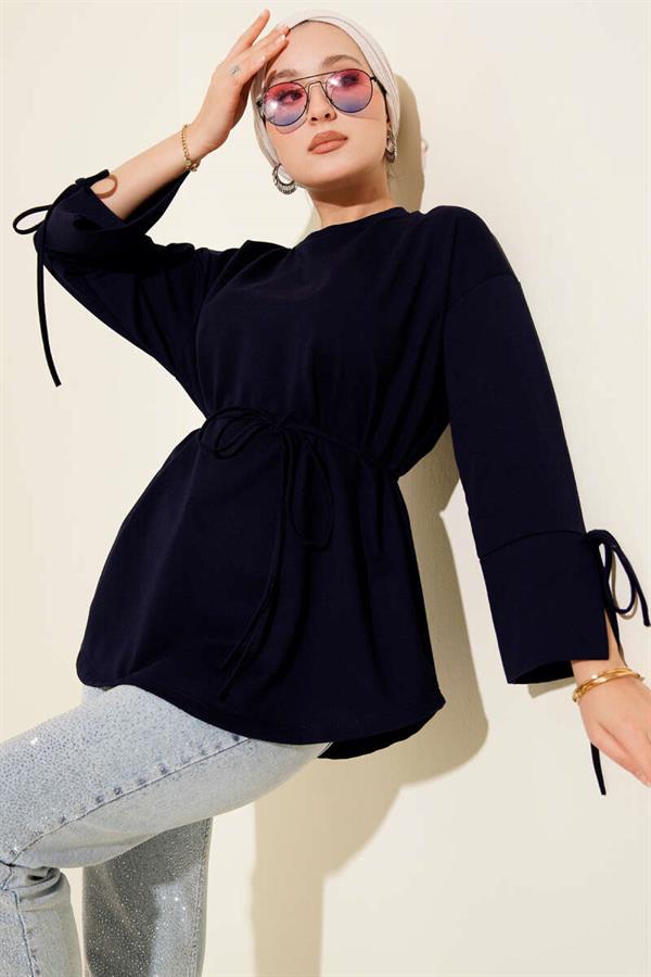 Double-Stringed Tunic with Laced Sleeves, Navy Blue