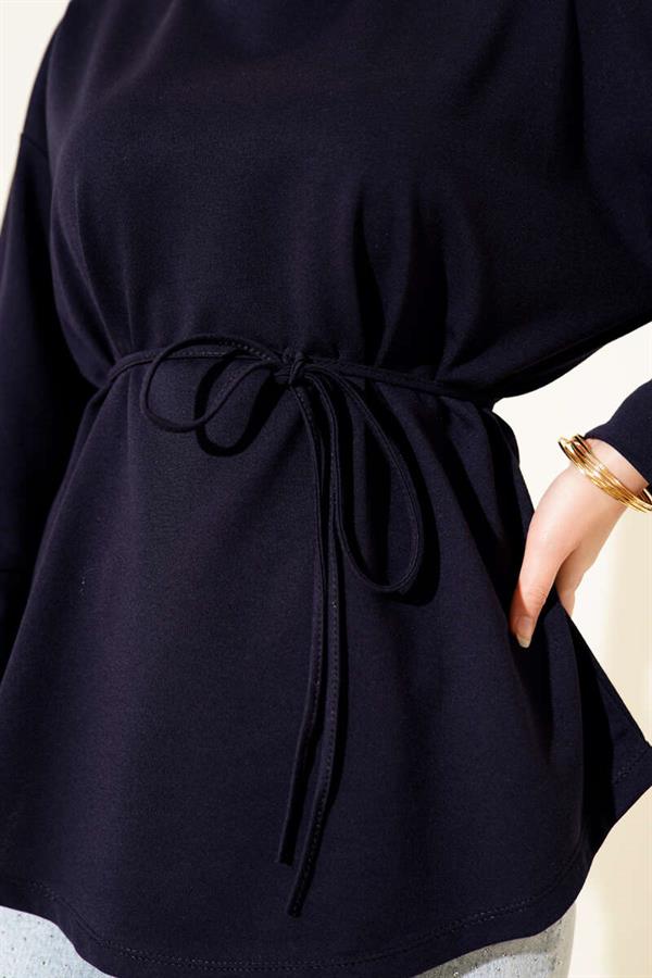Double-Stringed Tunic with Laced Sleeves, Navy Blue
