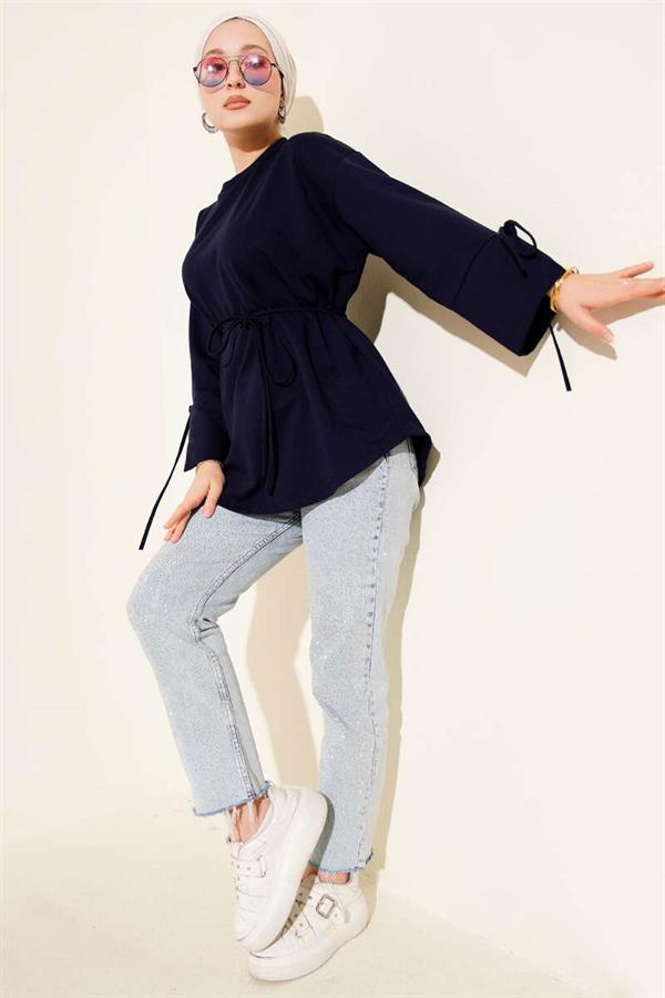 Double-Stringed Tunic with Laced Sleeves, Navy Blue