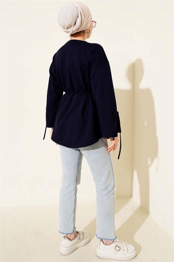 Double-Stringed Tunic with Laced Sleeves, Navy Blue