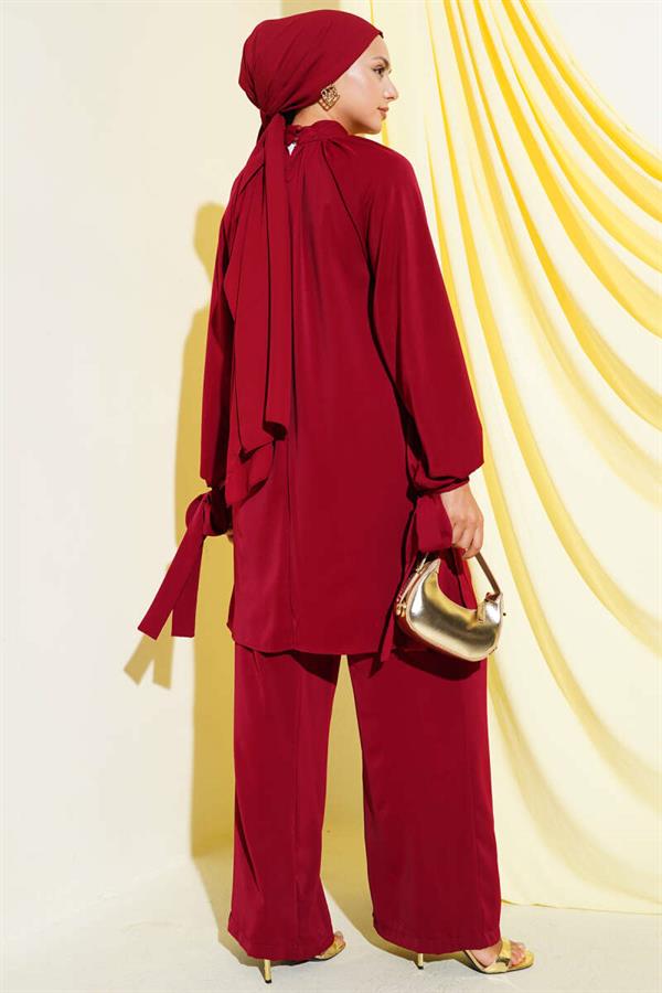 2 Piece Set with Tied Sleeves, Claret Red