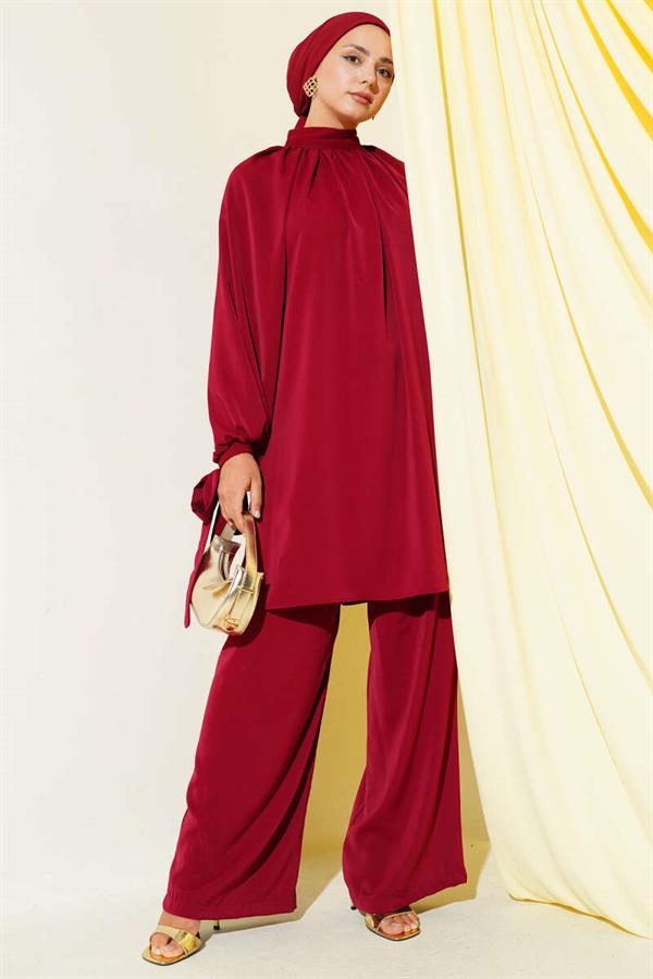 2 Piece Set with Tied Sleeves, Claret Red
