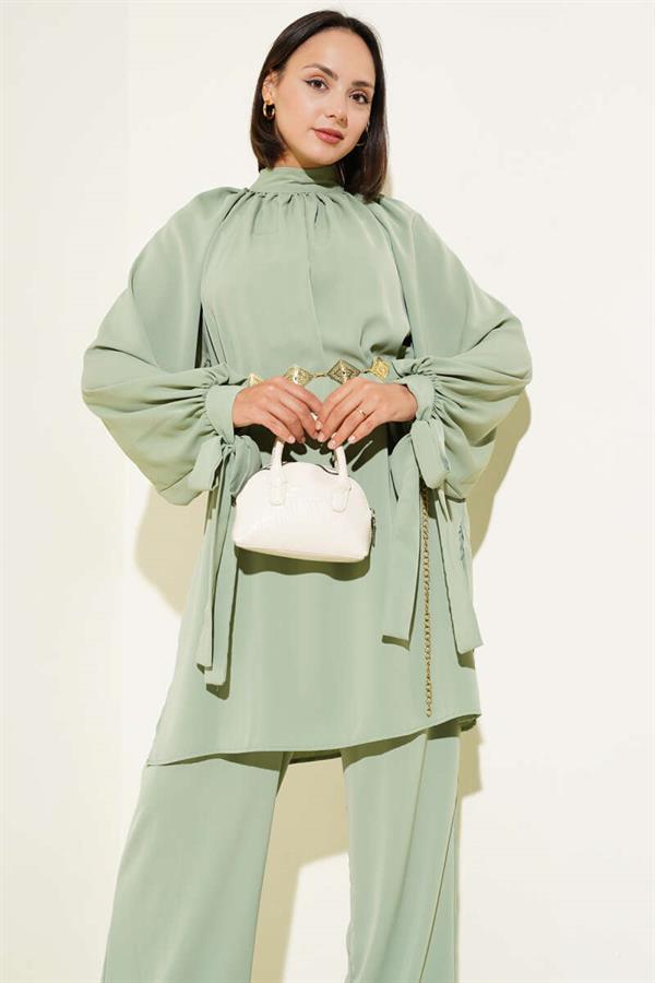 Tied Sleeve 2 Piece Set, Almond Green