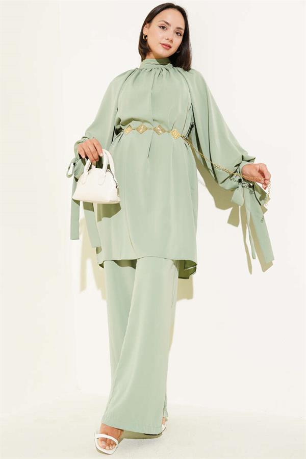 Tied Sleeve 2 Piece Set, Almond Green
