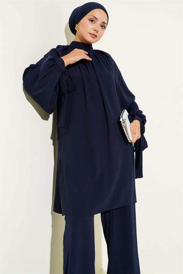 2 Piece Set with Tied Sleeves - Navy Blue