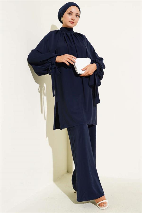 2 Piece Set with Tied Sleeves - Navy Blue