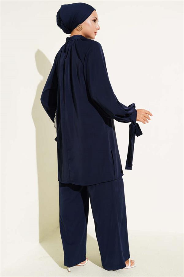 2 Piece Set with Tied Sleeves - Navy Blue