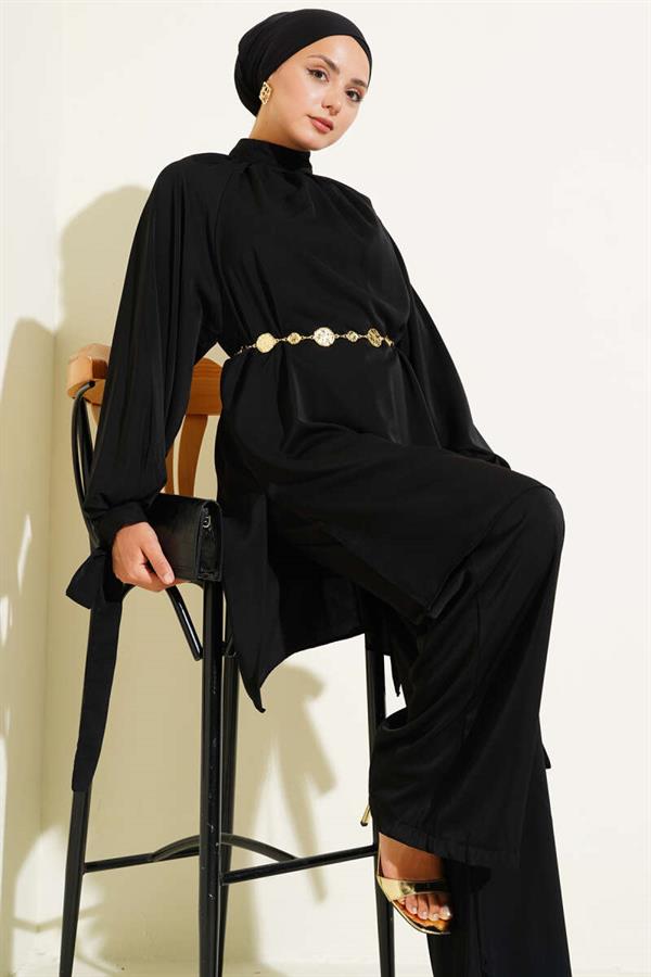 2 Piece Set with Tied Sleeves, Black