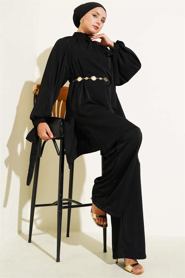 2 Piece Set with Tied Sleeves, Black