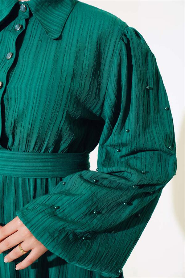 Belted Dress with Beaded Sleeves Emerald Green