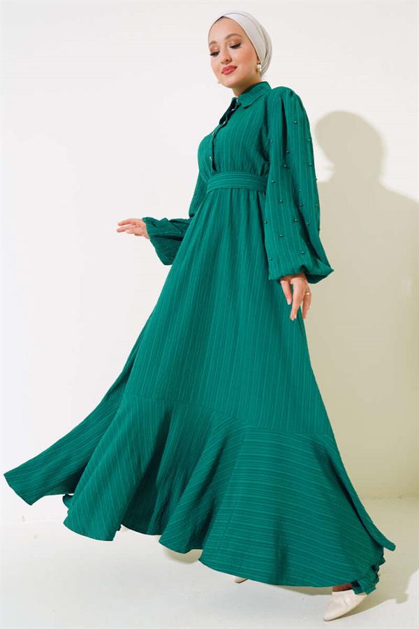 Belted Dress with Beaded Sleeves Emerald Green