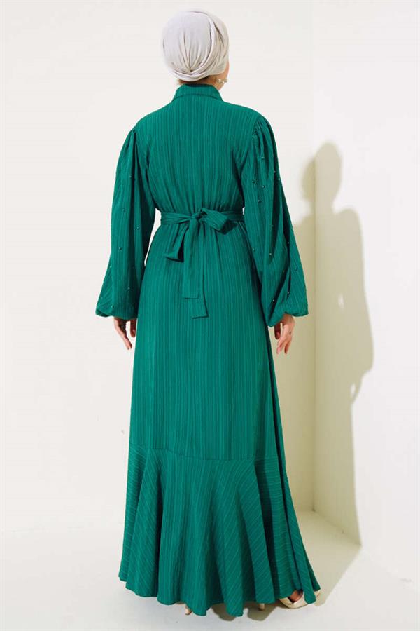 Belted Dress with Beaded Sleeves Emerald Green