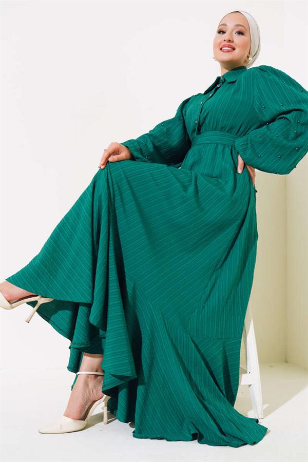 Belted Dress with Beaded Sleeves Emerald Green
