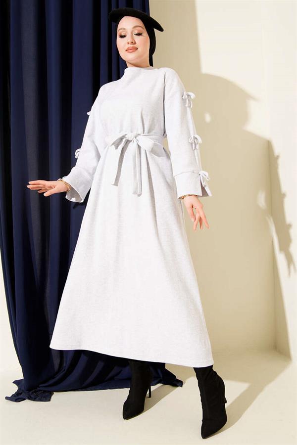 Grey Thessaloniki Dress with Bow Detail on Sleeves