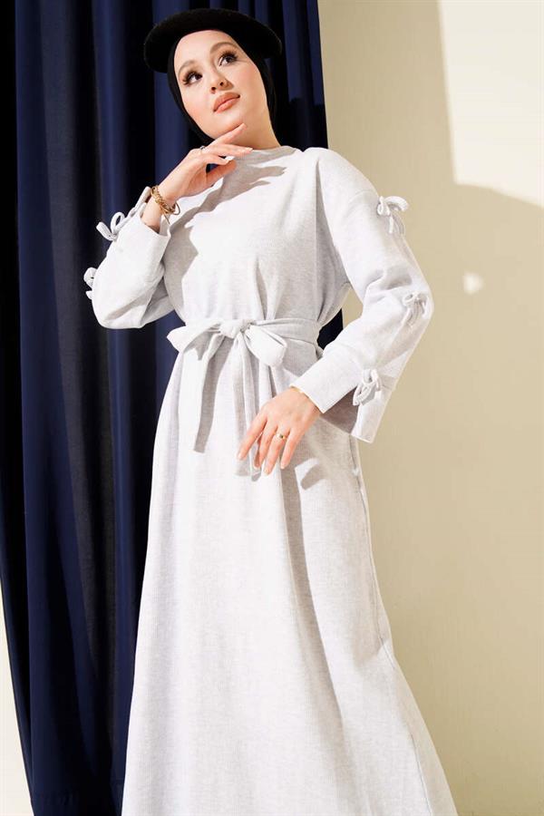 Grey Thessaloniki Dress with Bow Detail on Sleeves