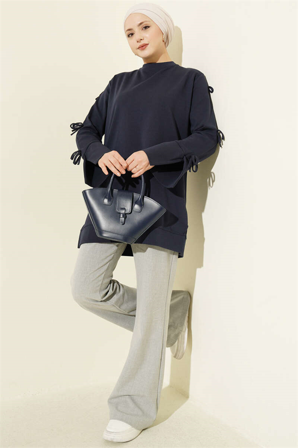 Navy Blue Tunic with Bow Detail on Sleeves