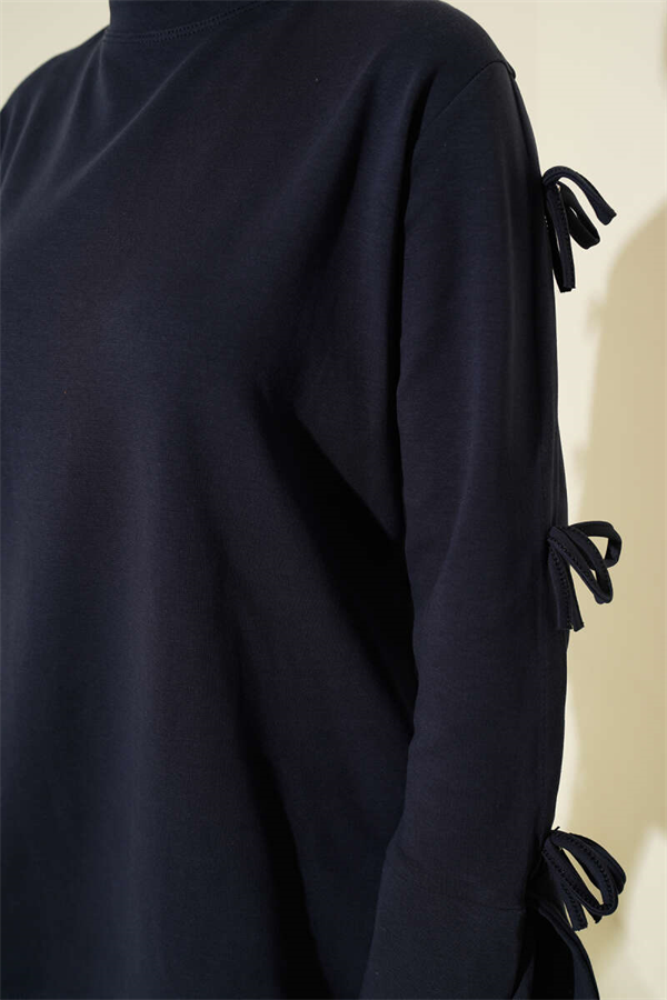 Navy Blue Tunic with Bow Detail on Sleeves