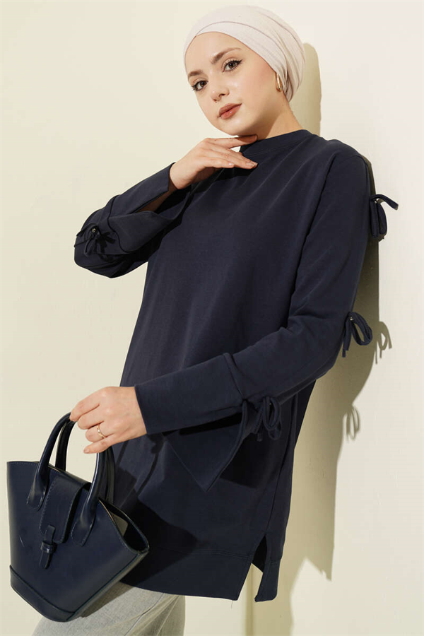 Navy Blue Tunic with Bow Detail on Sleeves