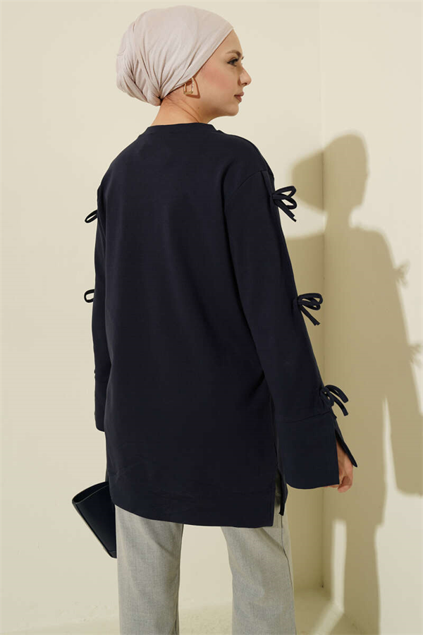 Navy Blue Tunic with Bow Detail on Sleeves