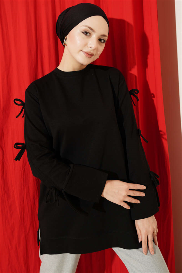 Black Tunic with Bow Detail on Sleeves