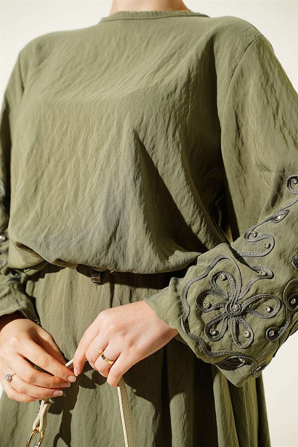 Khaki Skirt 2 Piece Set with Embossed Sleeves and Rhinestones