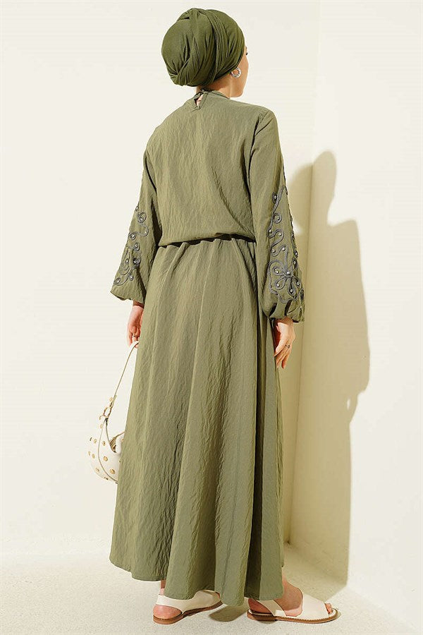 Khaki Skirt 2 Piece Set with Embossed Sleeves and Rhinestones