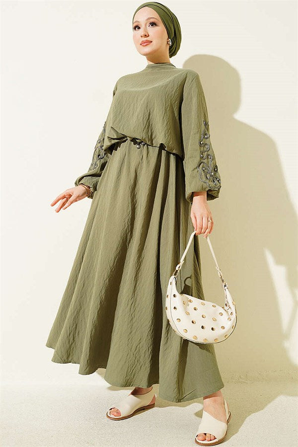Khaki Skirt 2 Piece Set with Embossed Sleeves and Rhinestones