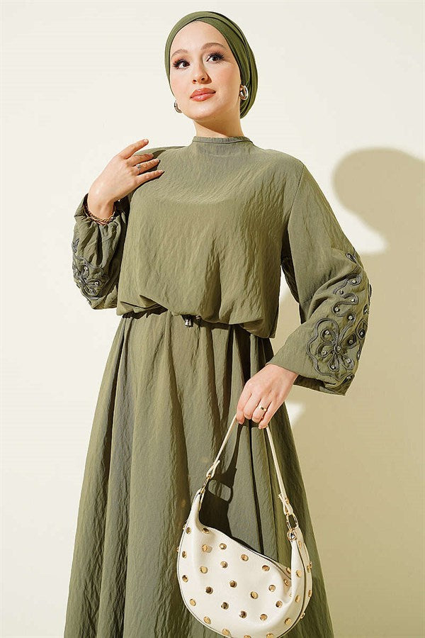Khaki Skirt 2 Piece Set with Embossed Sleeves and Rhinestones