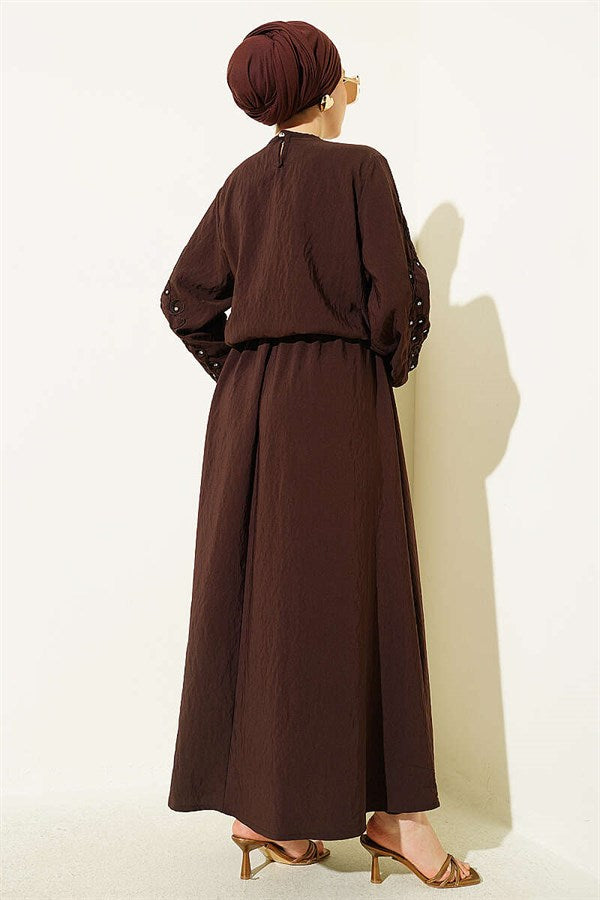 Coffee Brown Skirt 2 Piece Set with Embossed Sleeves and Stone Embellishments