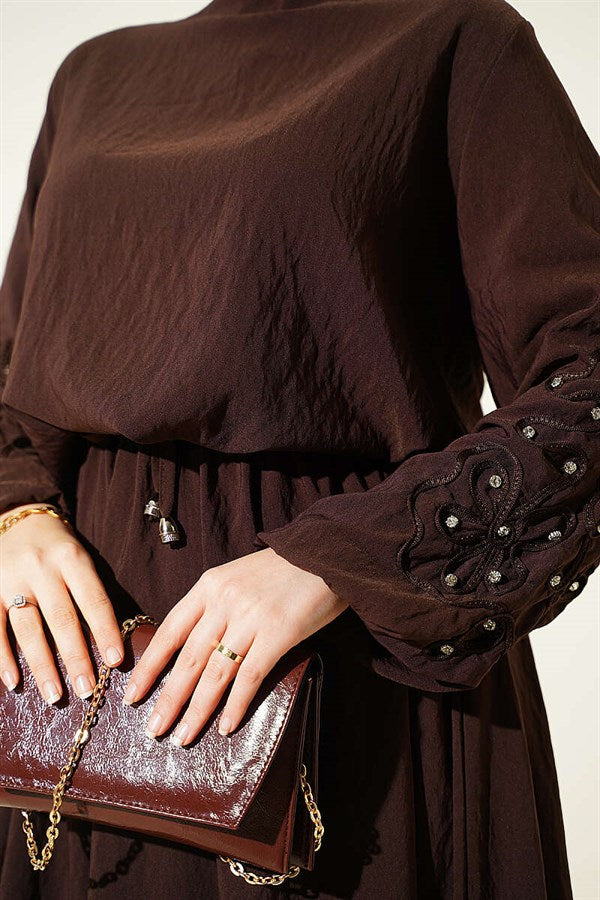 Coffee Brown Skirt 2 Piece Set with Embossed Sleeves and Stone Embellishments