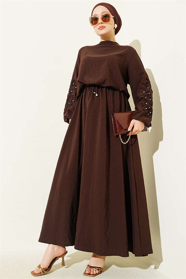 Coffee Brown Skirt 2 Piece Set with Embossed Sleeves and Stone Embellishments