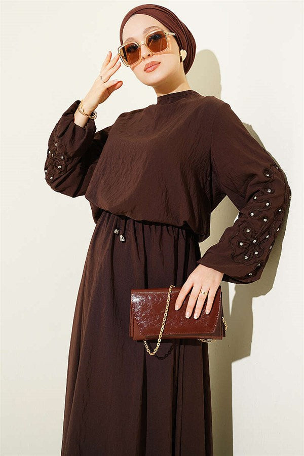 Coffee Brown Skirt 2 Piece Set with Embossed Sleeves and Stone Embellishments