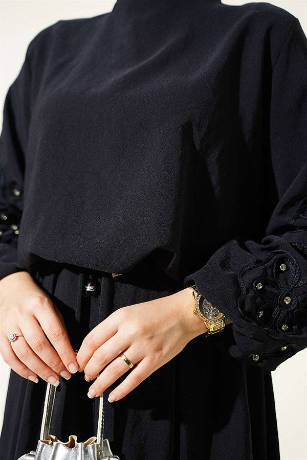 Dark Navy 2 Piece Set with Embellished Sleeves and Skirt