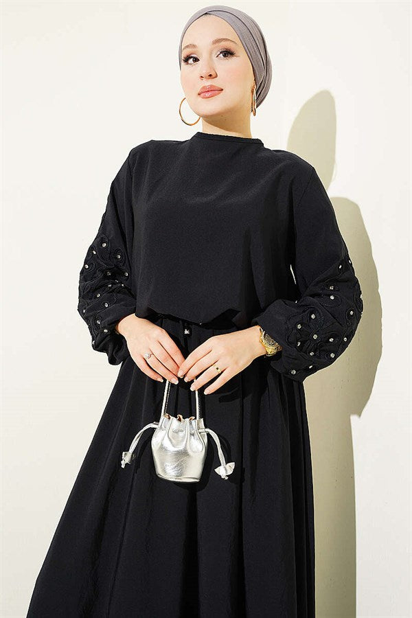Dark Navy 2 Piece Set with Embellished Sleeves and Skirt