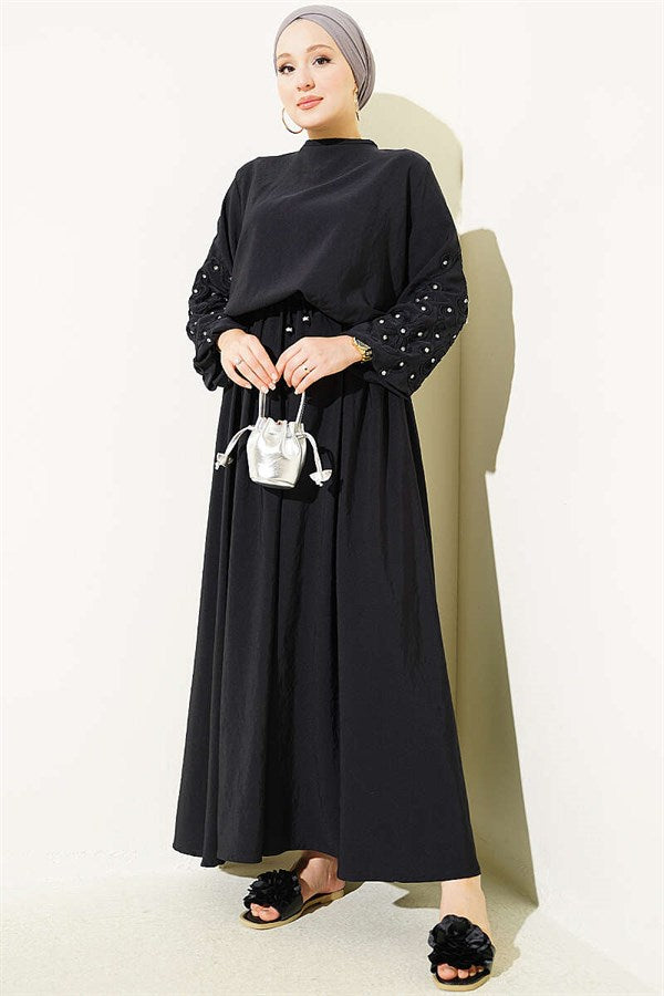 Dark Navy 2 Piece Set with Embellished Sleeves and Skirt