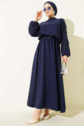 Navy Blue Skirt 2 Piece Set with Embossed Sleeves and Stone Embellishments