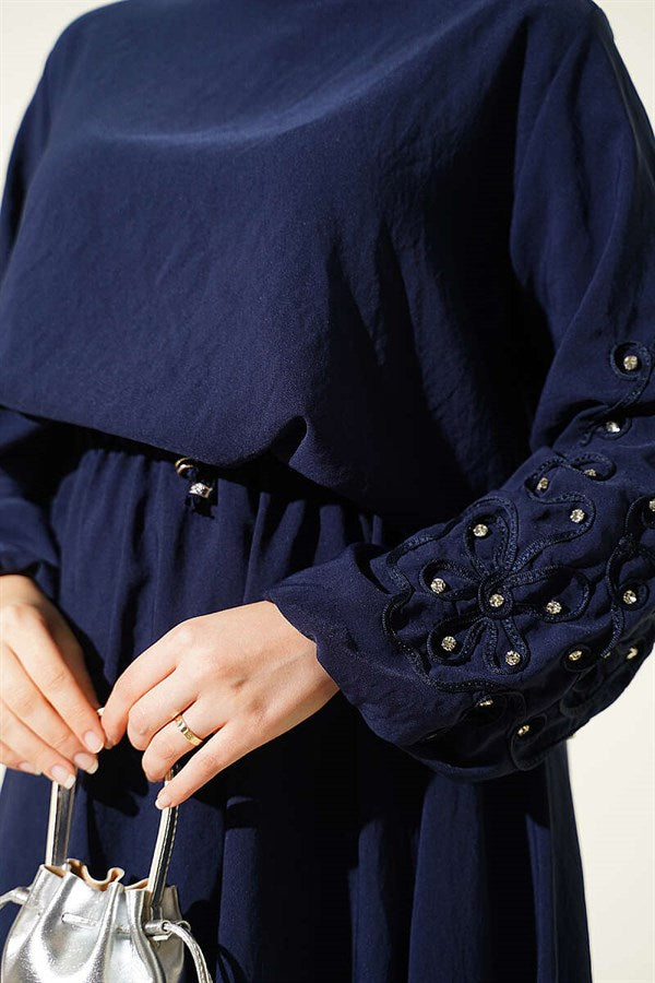 Navy Blue Skirt 2 Piece Set with Embossed Sleeves and Stone Embellishments