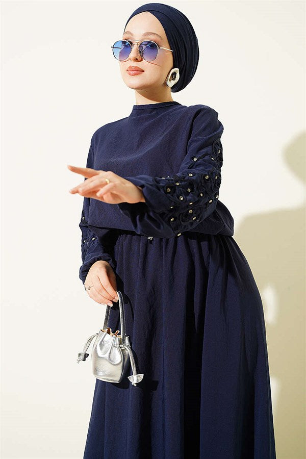 Navy Blue Skirt 2 Piece Set with Embossed Sleeves and Stone Embellishments