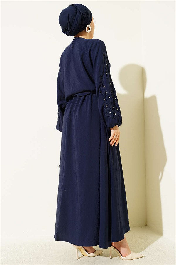 Navy Blue Skirt 2 Piece Set with Embossed Sleeves and Stone Embellishments