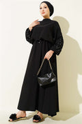 Black Skirt 2 Piece Set with Embossed Sleeves and Stone Embellishments