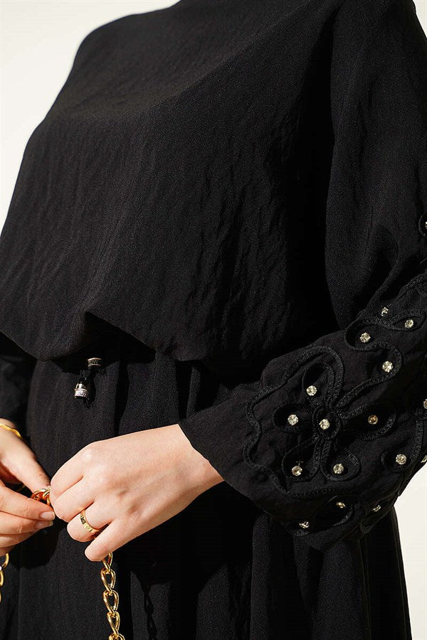 Black Skirt 2 Piece Set with Embossed Sleeves and Stone Embellishments