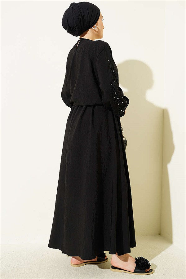 Black Skirt 2 Piece Set with Embossed Sleeves and Stone Embellishments