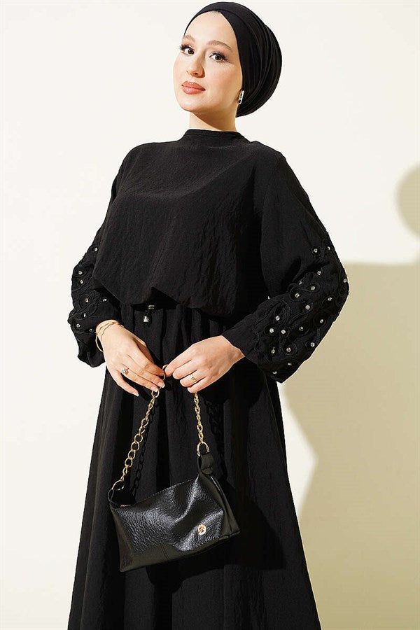 Black Skirt 2 Piece Set with Embossed Sleeves and Stone Embellishments