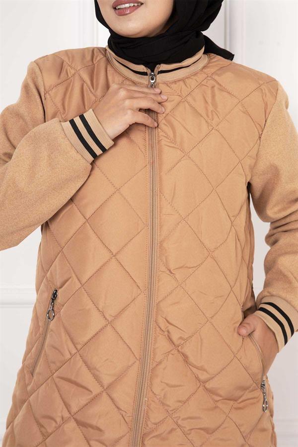 Quilted Coat with Cashmere Lined Sleeves, Tan