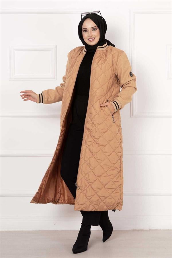 Quilted Coat with Cashmere Lined Sleeves, Tan