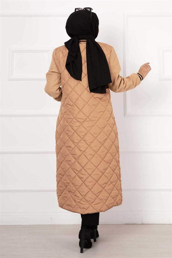 Quilted Coat with Cashmere Lined Sleeves, Tan
