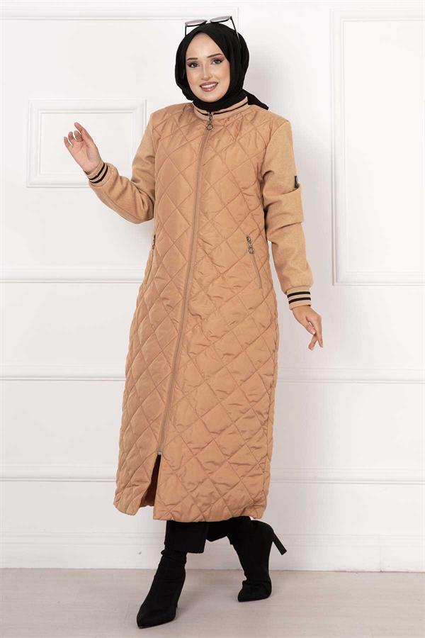 Quilted Coat with Cashmere Lined Sleeves, Tan